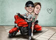 Caricatura+de+pareja+en+motocicleta+Harley-Davidson+con+fondo