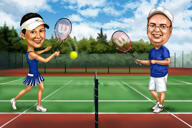 Caricatura de casal no playground de tênis desenhada em estilo colorido a partir de fotos
