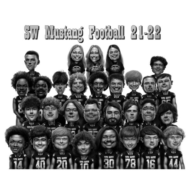 Football Team Cartoon Drawing in Exaggerated, Black and White Caricature Style