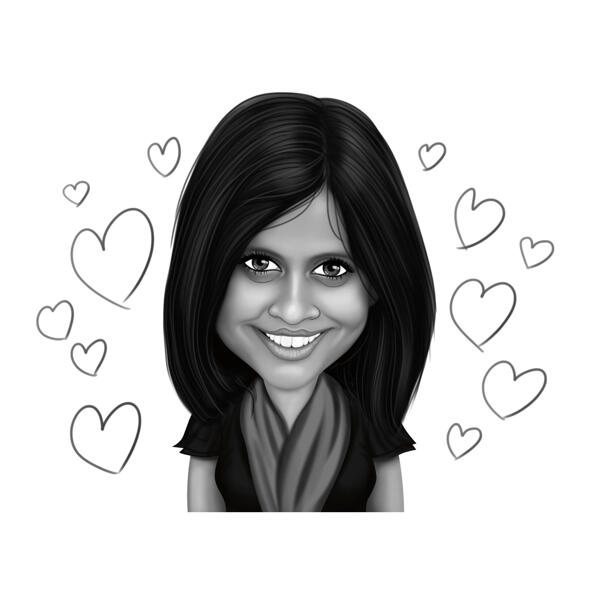Portret de desene animate de fete în stil alb-negru cu fundal de inimi