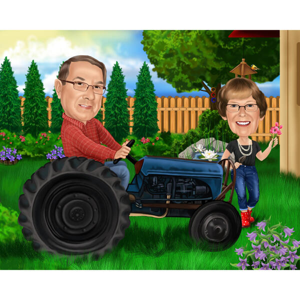 Kohandatud põllumeeste aiapaar traktori koomiksil Värvilises stiilis fotodelt