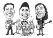 Cartoon-Portrait der Musik-Performance-Gruppe im Schwarz-Weiß-Stil
