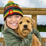 Hund och ägare porträtt tecknad på anpassad bakgrund