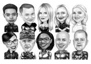 Superhero Group Caricature in Black and White with City Background