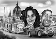 Çift Araba Karikatürü Elle Siyah Beyaz Dijital Tarzda Çizilmiş