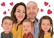 Föräldrar med tre barn karikatyr från foto på enfärgad bakgrund