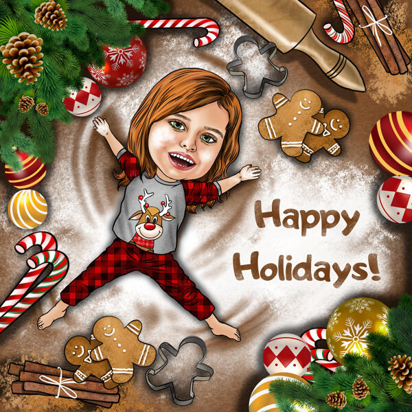 Christmas Kid in Pajamas Caricature – Holiday Greeting Card