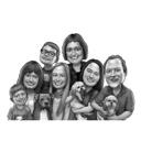 Velká rodinná skupinová karikatura v černobílém stylu