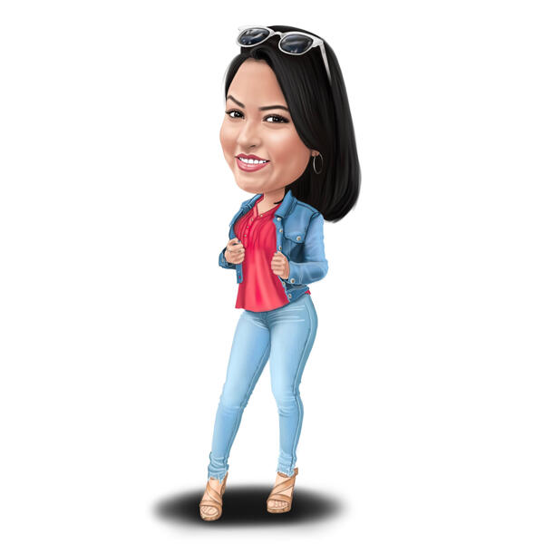 Caricatura di cartone animato di persona in abito di jeans disegnata da foto personalizzate di artisti