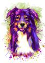 Australian Shepherd Caricature Portrait in Watercolor Style with One Color Background