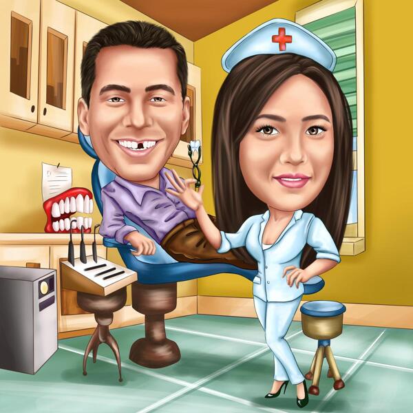 Dentist with Patient Showing Missing Tooth Caricature