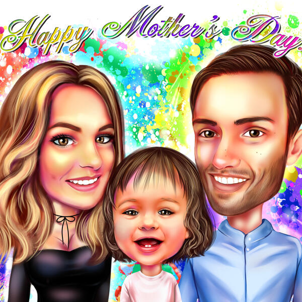 Cadeau de fête des mères à l'aquarelle - Caricature de famille