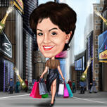 Ganzkörper-weibliche Einkaufskarikatur mit benutzerdefiniertem Hintergrund