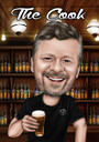 Henkilö, jolla on olut sarjakuva karikatyyri värillisessä tyylissä pubin taustalla valokuvasta