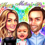 Cadeau de fête des mères à l'aquarelle - Caricature de famille