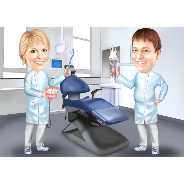 Nainen hammaslääkäri kollegan karikatyyrin kanssa