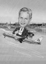 Zwart-wit piloot in vliegtuigkarikatuur