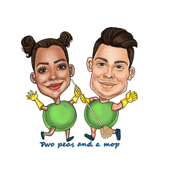 Funny Exaggerated Couple Cleaning Staff Caricature in Color Style
