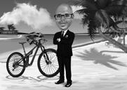 Bicycler Caricature in Black and White Exaggerated Style on Custom Background