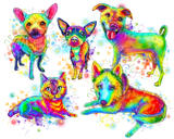 Helkroppsblandade husdjur karikatyr i regnbåge akvarell stil