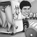 Caricatură de măcelar în stil alb-negru exagerat pe fundal personalizat