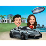 Caricatura de casal em carro com fundo personalizado