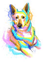 Portret de câine amuzant, portret de desene animate, în pasteluri fragede, desenat manual din fotografii
