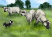 Карикатура группы смешанных домашних животных с произвольным фоном из фотографий