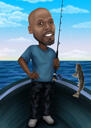 Caricatura del pescatore con pesce e canna da pesca