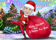 Zimní karikatura s pozadím zasněženého vánočního stromku pro vlastní dárek