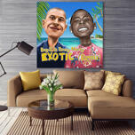 Friends Caricature in Colored Style with Exotic Background Printed on Canvas