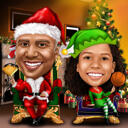 Santa Claus and Elf Caricature with Christmas Tree Background