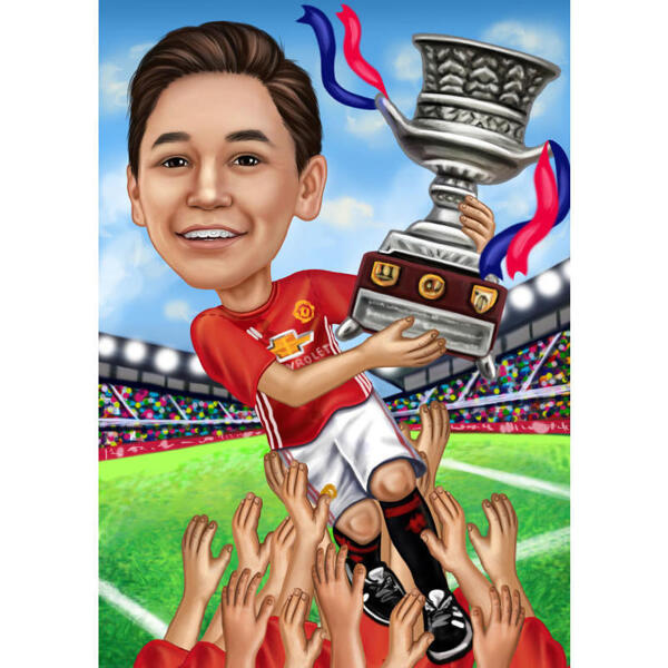 Futbola spēlētāja karikatūra ar trofeju, kas zīmēta krāsainā stilā no fotoattēliem