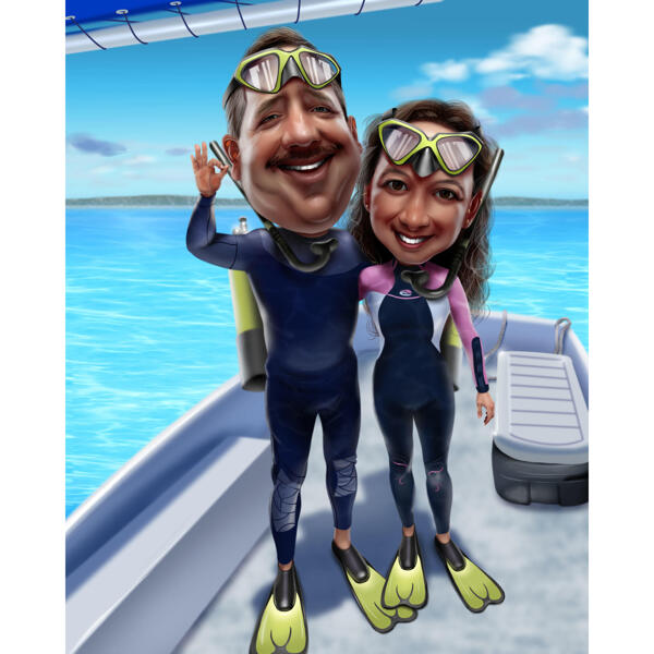 Caricatura de mergulho de casal em estilo caricatural exagerado engraçado em fundo personalizado