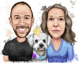 Portrait à l'aquarelle d'un couple avec des animaux de compagnie