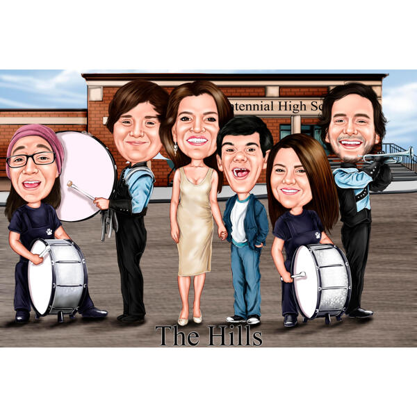 Caricatura di musicista di famiglia con batteria e tromba