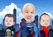 Superhero Family Colored Caricature Painting with New York Background from Photos