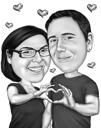 Pariskunta näyttää sydämiä - korkea karikatyyripiirros mustavalkoisena