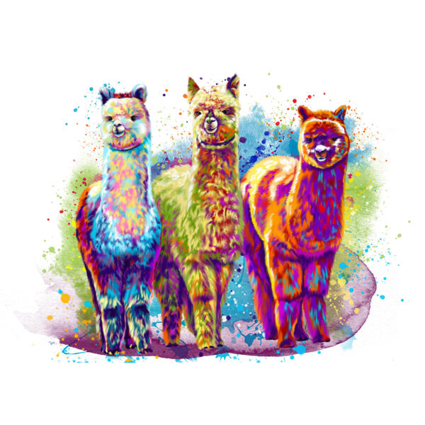 Llama Cartoon Portrait from Photos in Watercolor Style with Splashes in the Background