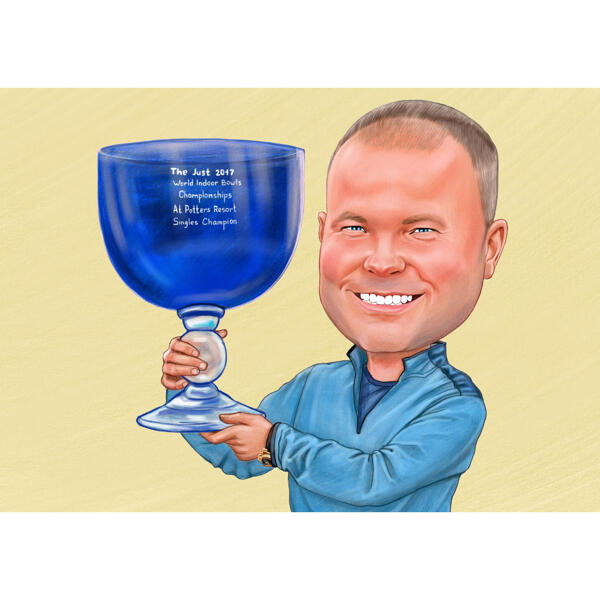 Vincitore del campionato sportivo con caricatura del trofeo da foto con sfondo colorato