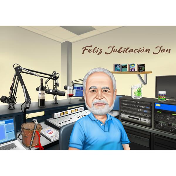 Aangepaste radio-dj-karikatuur in kleurstijl met studio-achtergrond