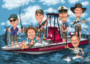 مجموعة على متن قارب مع قضبان الصيد
