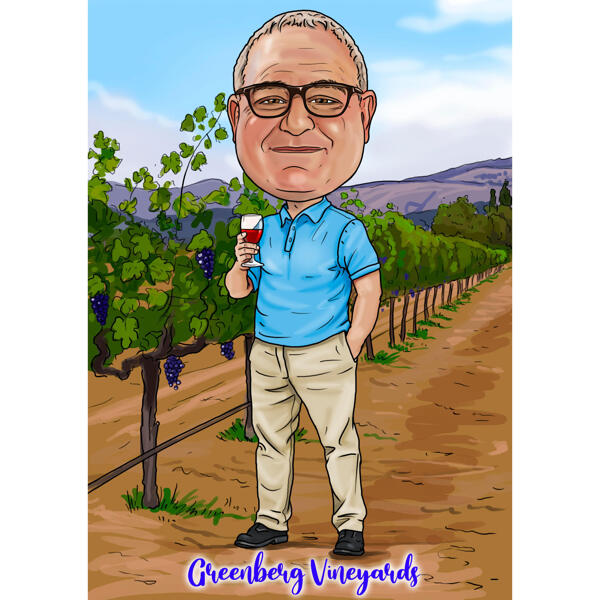 Retrato de dibujos animados de un amante del vino sobre un fondo de viñedo