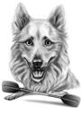 Koiran sarjakuva muotokuva mustavalkoisena tyylillä mukautetulla taustalla valokuvista