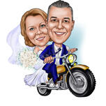 Smieklīgs kāzu pāris uz motocikla