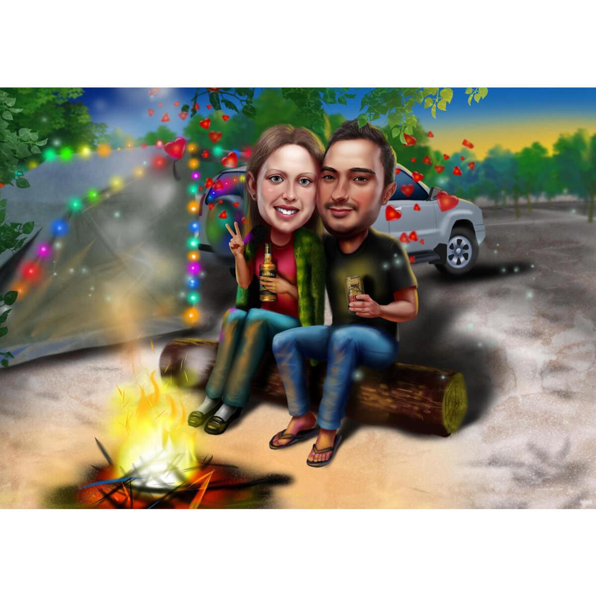 Camping Couple with Campfire Cartoon Portrait