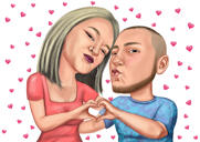 Casal fazendo caricatura romântica de coração de mão de fotos com uma cor de fundo