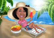 Caricatura de vacaciones personalizada con fondo de chiringuito