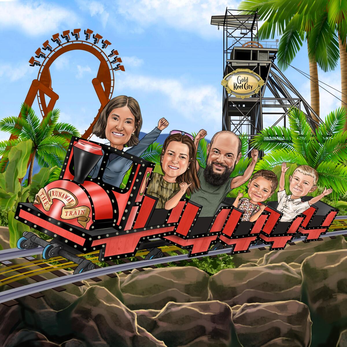 Sideshow Rides Cartoon Funny Family Rollercoaster Amusement Park Caricature