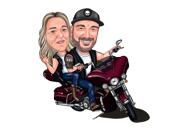 زوجين على كاريكاتير دراجة نارية في نمط اللون من الصور